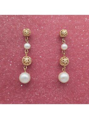 Gold & Faux Pearl Dangle Earrings With Filigree Textured Beads Vintage 1980s
